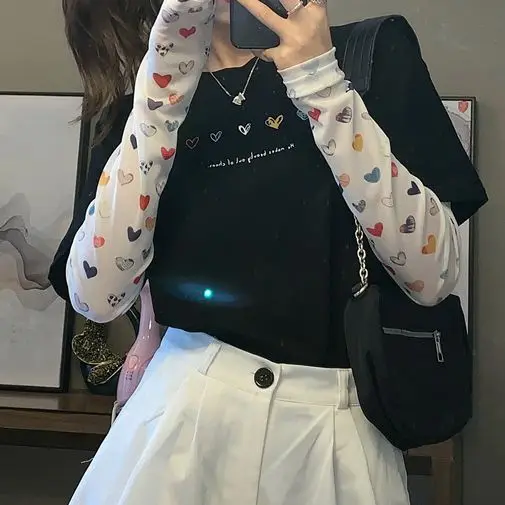 

Patchwork Mesh Long Sleeve Sweet Cute T-Shirt Women Loose 2022 Summer Korean Version Heart Pattern Fashion Tee Harajuku T-Shirt