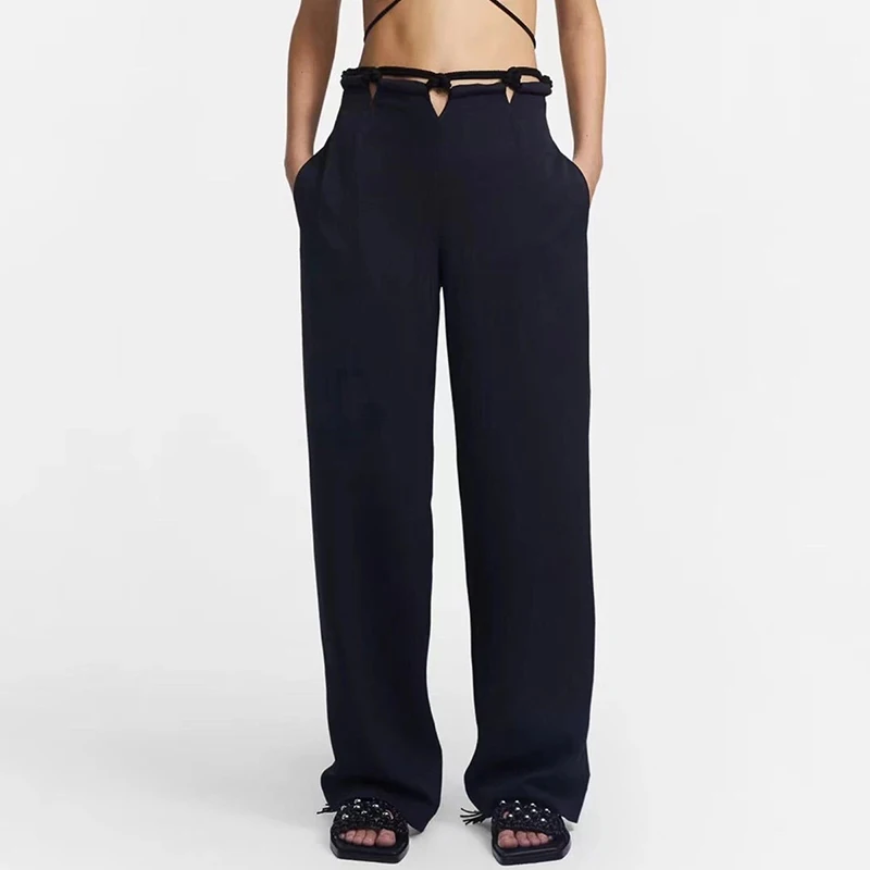 

GLAUKE Women Wide Leg High Waist Pants Sets Black Cut Out Bandage Full length Loose High Street Suits Pantalons Palazzo Pants