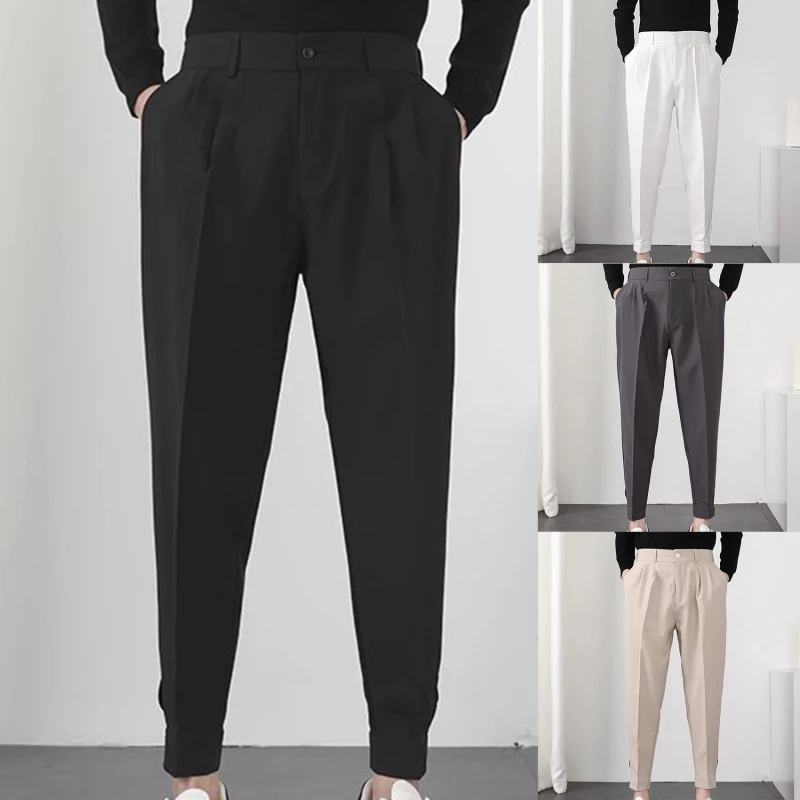 

Fashion Men Casual Pants Elastic Waist Small Feet Thin Korean Style Pleated Tapered Male Blazer Streetwear Pants