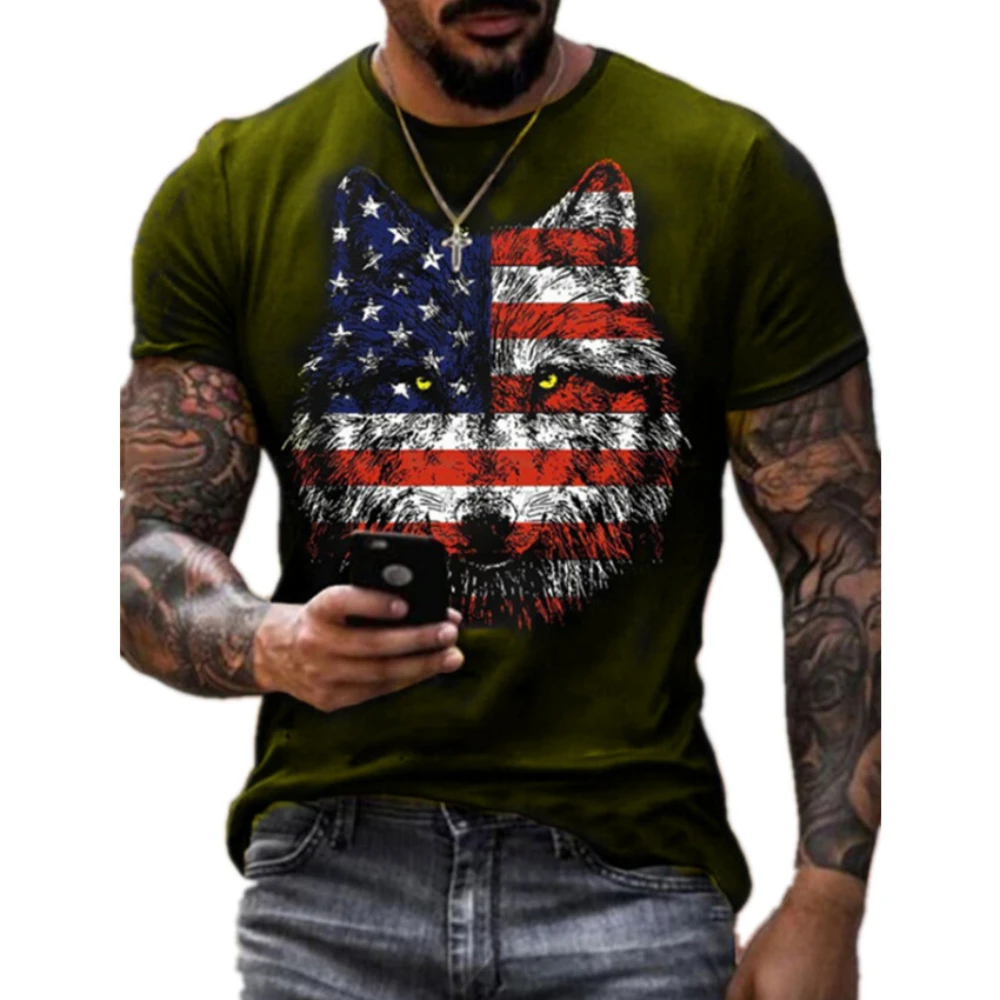 

Summer Men's Army Green Wolf Figure Harajuku Flag Print T-Shirt Teen Men Street Fashion Round Neck Short Sleeve Plus Size Shirt