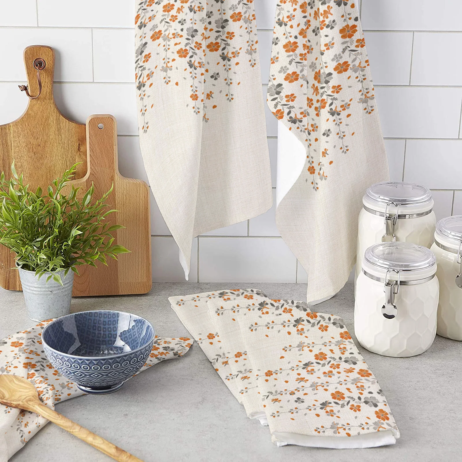 

Orange Grey Flower Cotton Linen Kitchen Towel Cleaning Cloth Microfiber Soft Household Super Absorbent Dish Washing Cloth