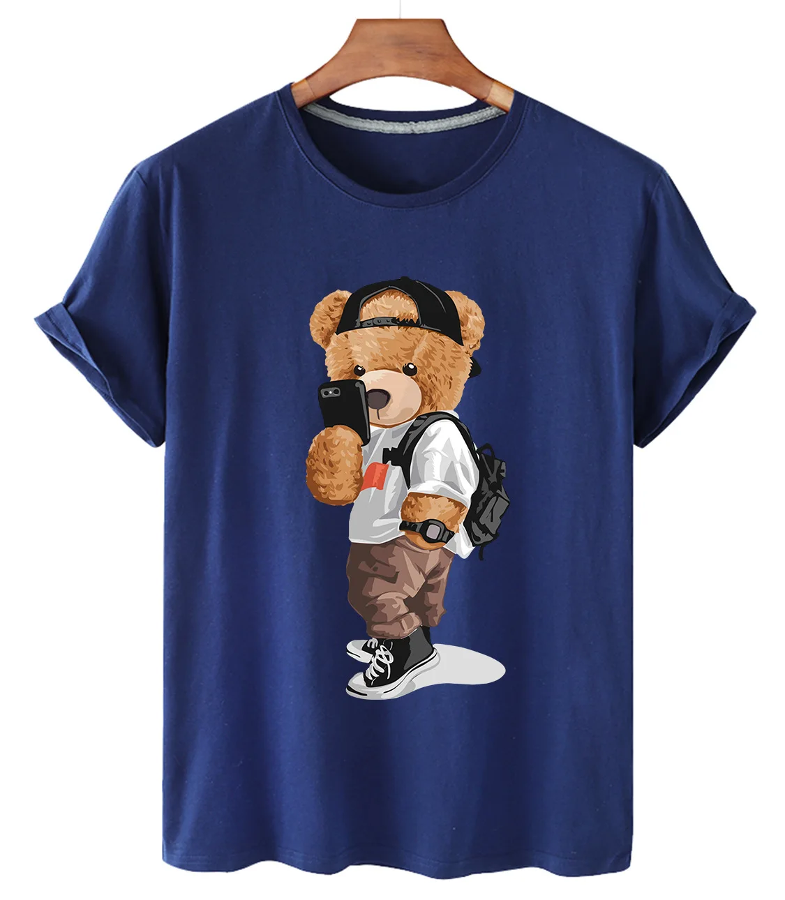 High-quality Street Selfie Bear Print Cotton Short-sleeved O-neck Loose Casual Top T-shirt Female Oversized T-shirt Couple S-3XL