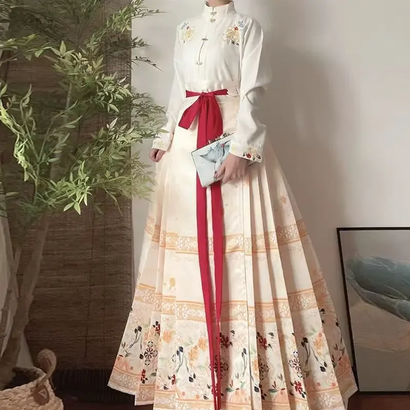 Женская юбка с вышивкой Ming Hanfu полный комплект повседневной двубортной рубашки