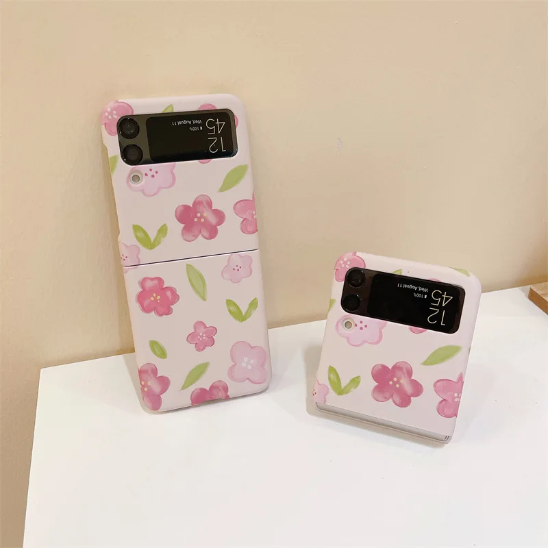 

Fresh Style Pink Flower Phone Case for Samsung Galaxy Z Flip 4 3 Hard Cover for ZFlip3 Zflip4 Solid Shell Bracket