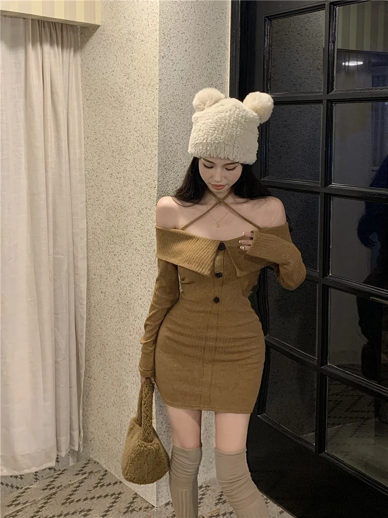 

Женское трикотажное платье на пуговицах, облегающее платье с открытыми плечами и длинным рукавом, с лямкой на шее, с запахом, весна 2023