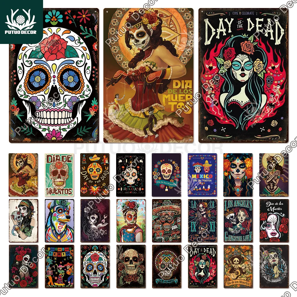 

Putuo Decor Day of the Dead Tin Sign Vintage Plaque Skull Metal Poster Retro Skeleton Witch for Home Decoration Wall Decor Gift