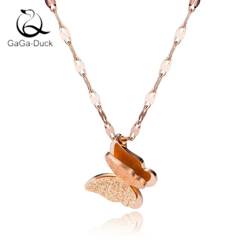 

New Fashion Double-layer Frosted Butterfly Rose Gold Color Collarbone Chain Stainless Steel Pendant Necklaces TGN007