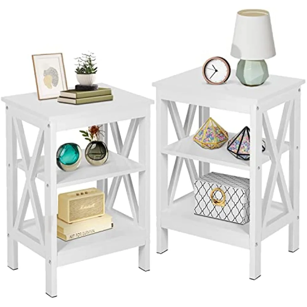 

Прикроватный столик для дивана с 3-уровневой полкой для хранения для гостиной, спальни, устойчивая стальная рама, простая сборка, набор из 2 предметов