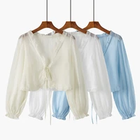 women summer sun protection coat lace bow ruffle cardigan shirt female blouse tops for woman covers blusa white y2k korean shirt