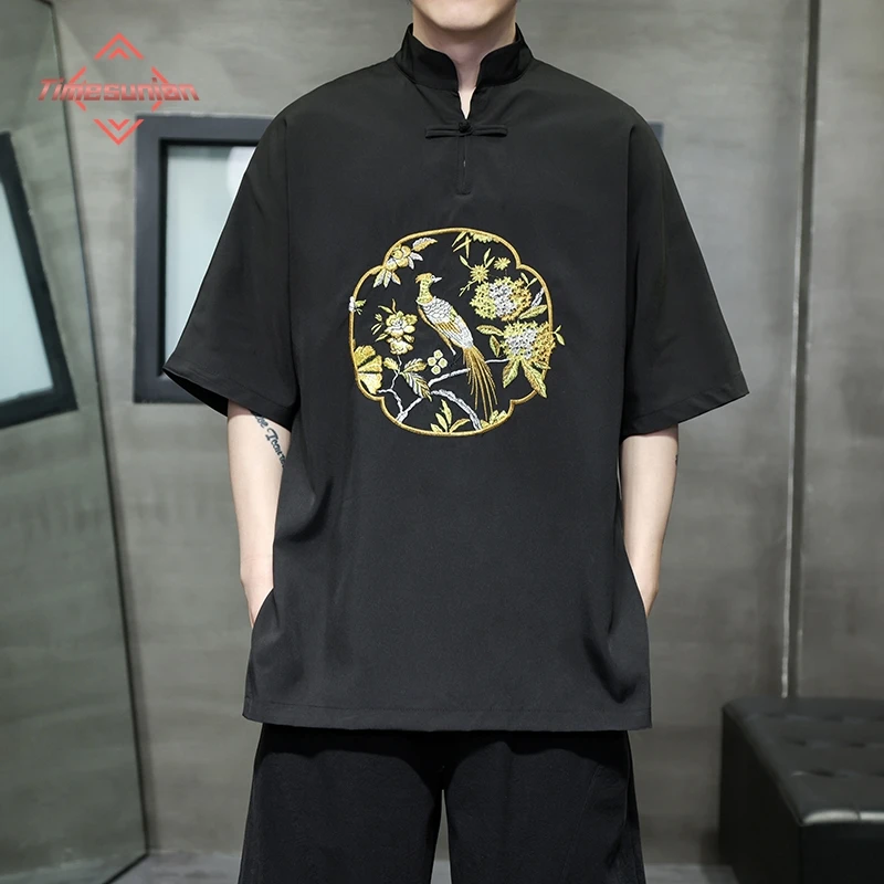 Мужская футболка с коротким рукавом летняя дышащая и тонкая вышивкой в китайском
