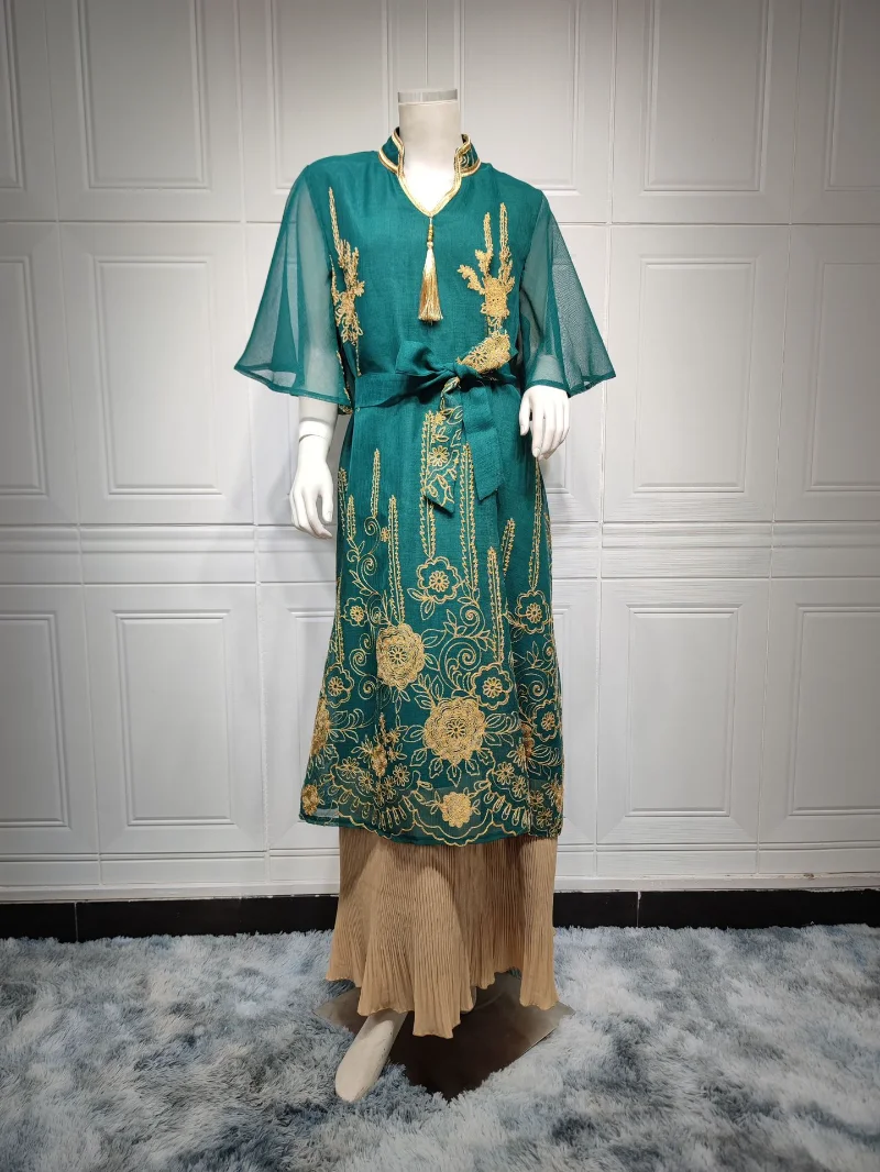 2023 Spring Summer Muslim Women V-neck Polyester Blue Dark Blue Dark Green Long Pleated Abaya Muslim Fashion Dress Abaya Dress