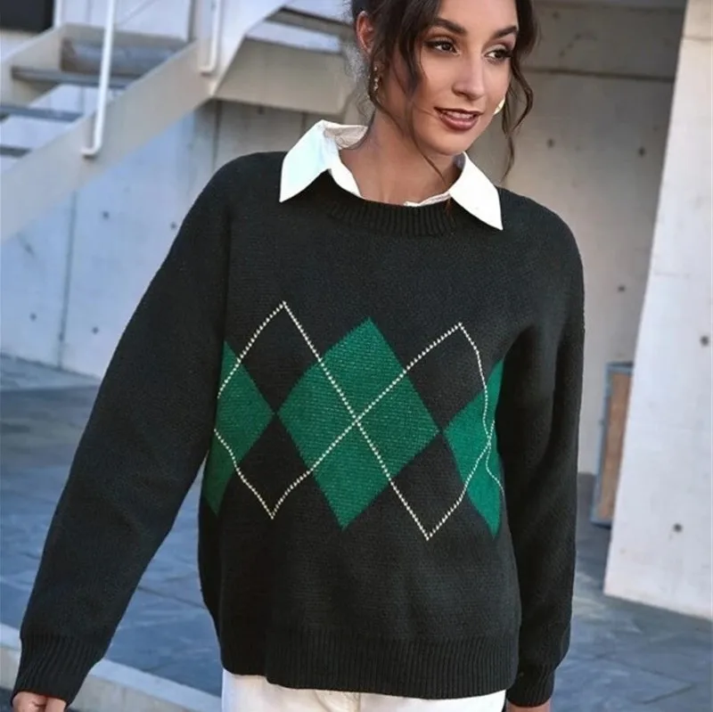 

2022 New Style Casual Style Diamond Plaid Loose Pullover Knitwear Casual Sweater Winter Coat Women