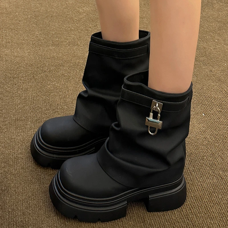 Женские плиссированные ботильоны на платформе модная дизайнерская кожаная