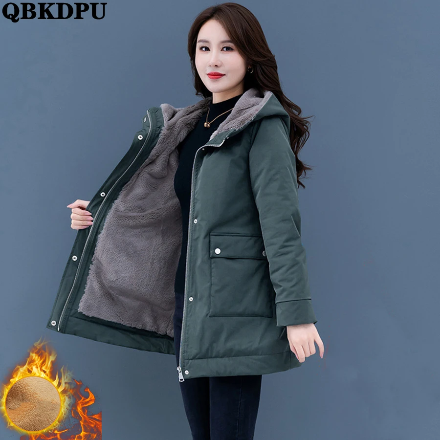 Thicken Fleece Lining Winter Hooded Parkas Mid-length Coat Warm Women Snow Jacket Overcoat Plush Lined Windbreaker Outwear 2022