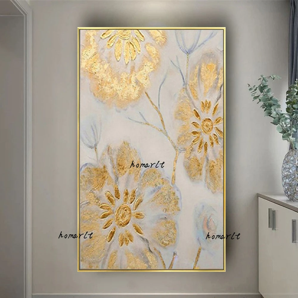 

Hot Selling Vertical Home Decor Painting Handmade Modern Golden Flowers Oil Painting Gold Leaf Canvas Painting Art Wall Decor