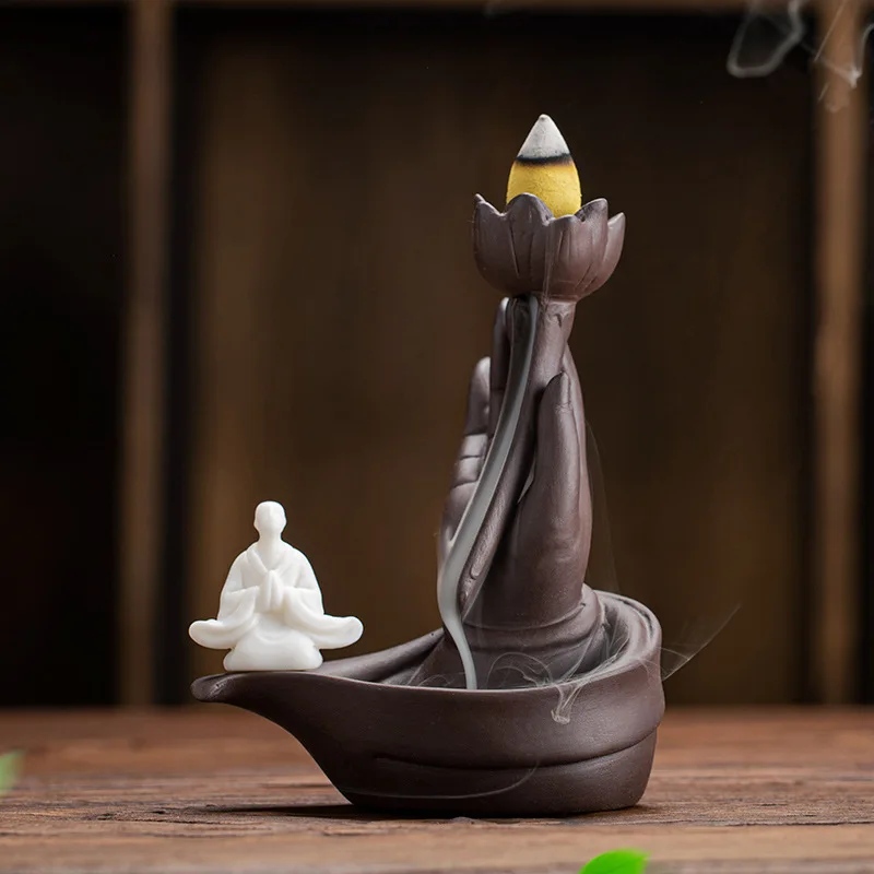 

Buddha Hand Backflow Incense Burner Waterfall Incense Cones Holder Smoke Censer Fragrance Stand Ceramic Quemador Decoration Gift
