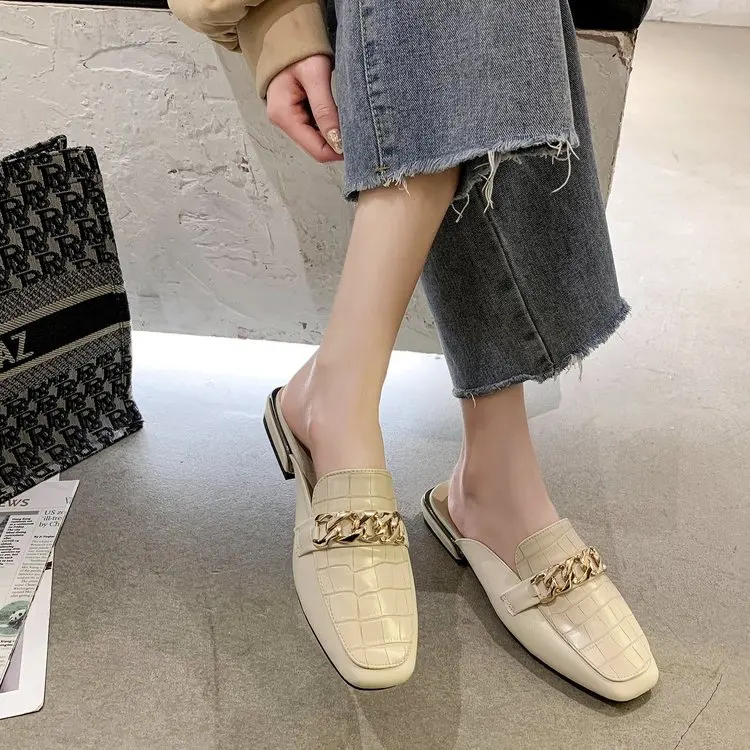 

2022 New Chain Mules Women Slides Square Toe Ladies Striped Shoes Summer Fashion Footwear Plus Big Size