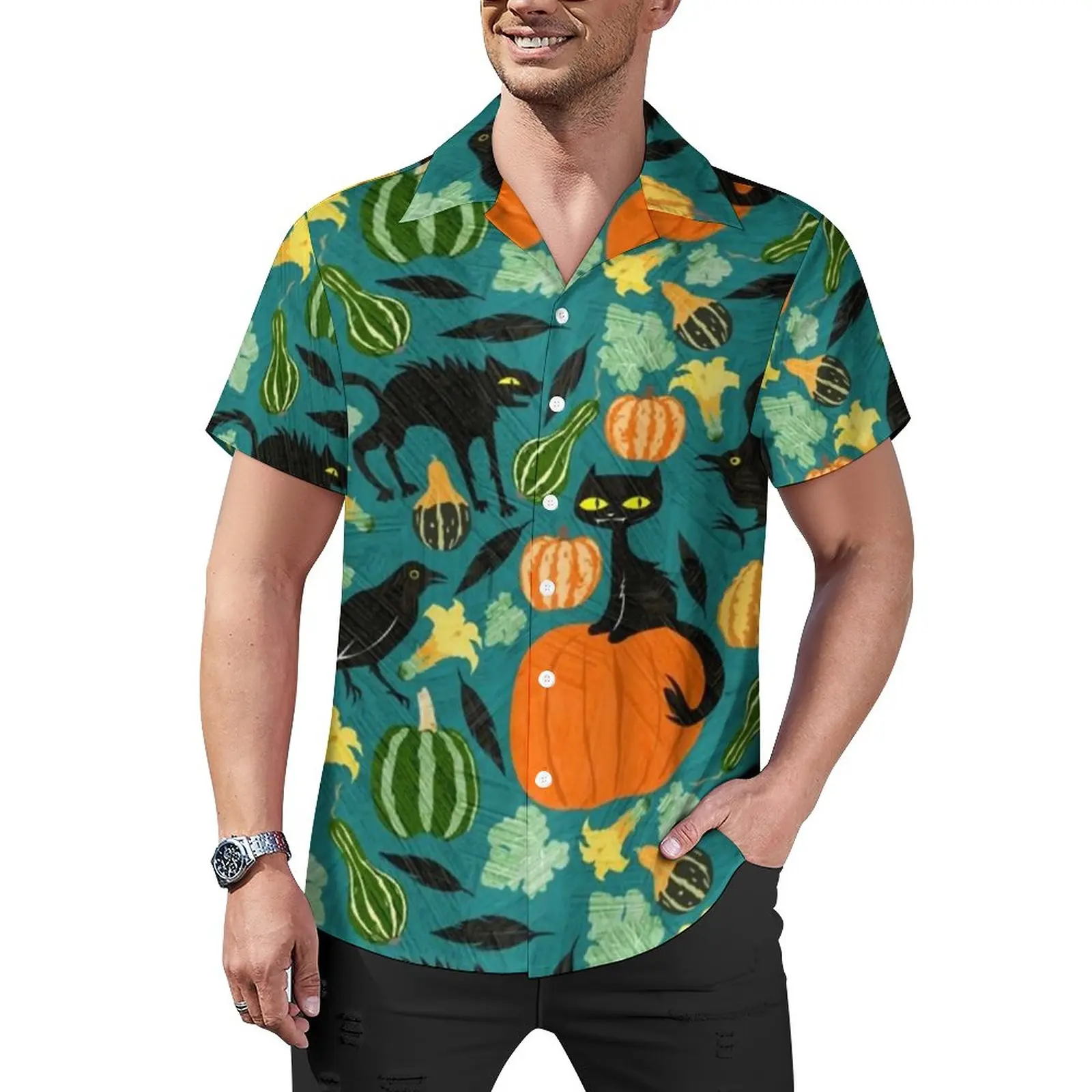 

Black Cat Casual Shirts Funny Halloween Crows Vacation Shirt Summer Fashion Blouses Mens Print 3XL 4XL