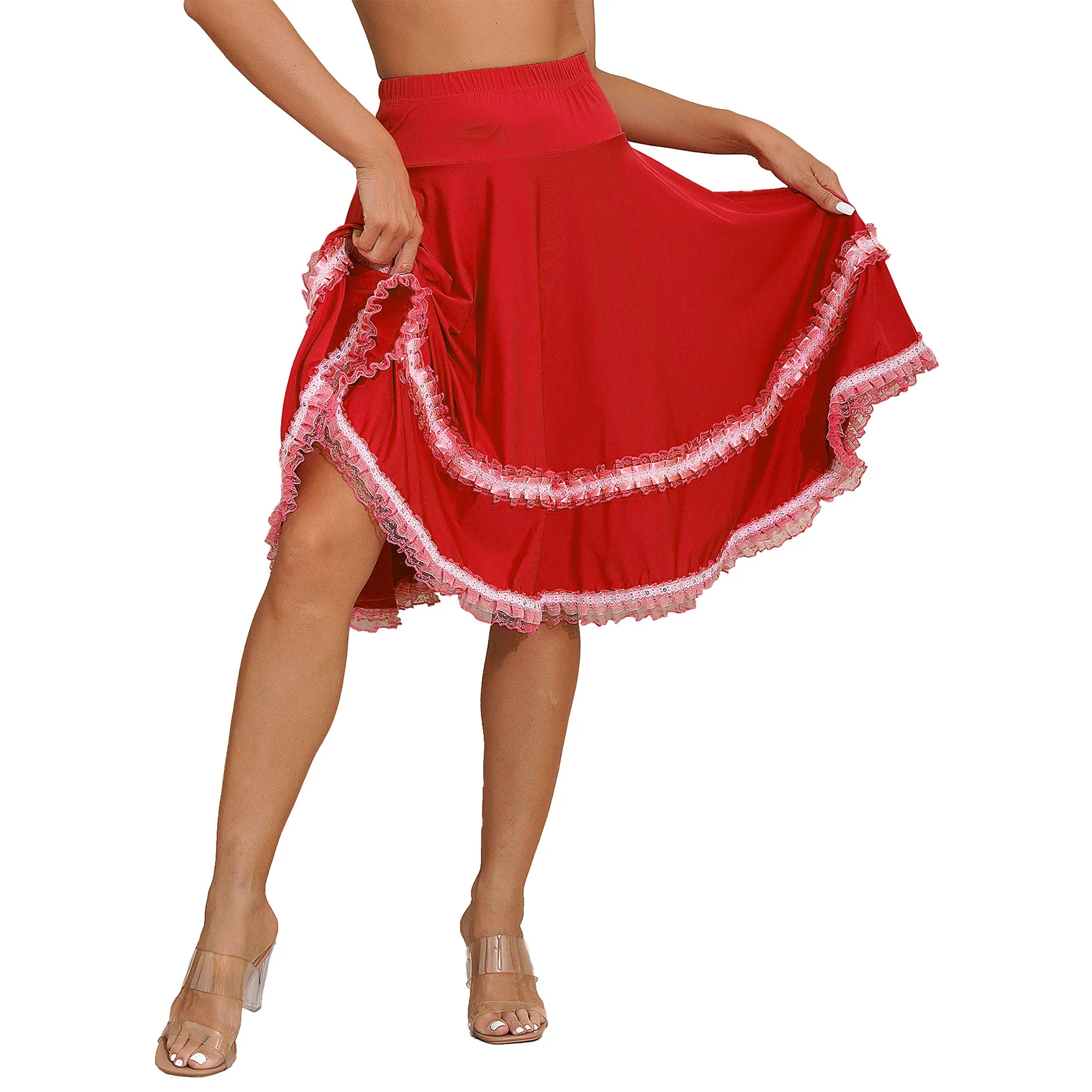 

Womens Lace Frilly Ballroom Dance Skirt High Waist Elastic Waistband Flared Midi Skirts Rumba Flamenco Stage Performance Costume