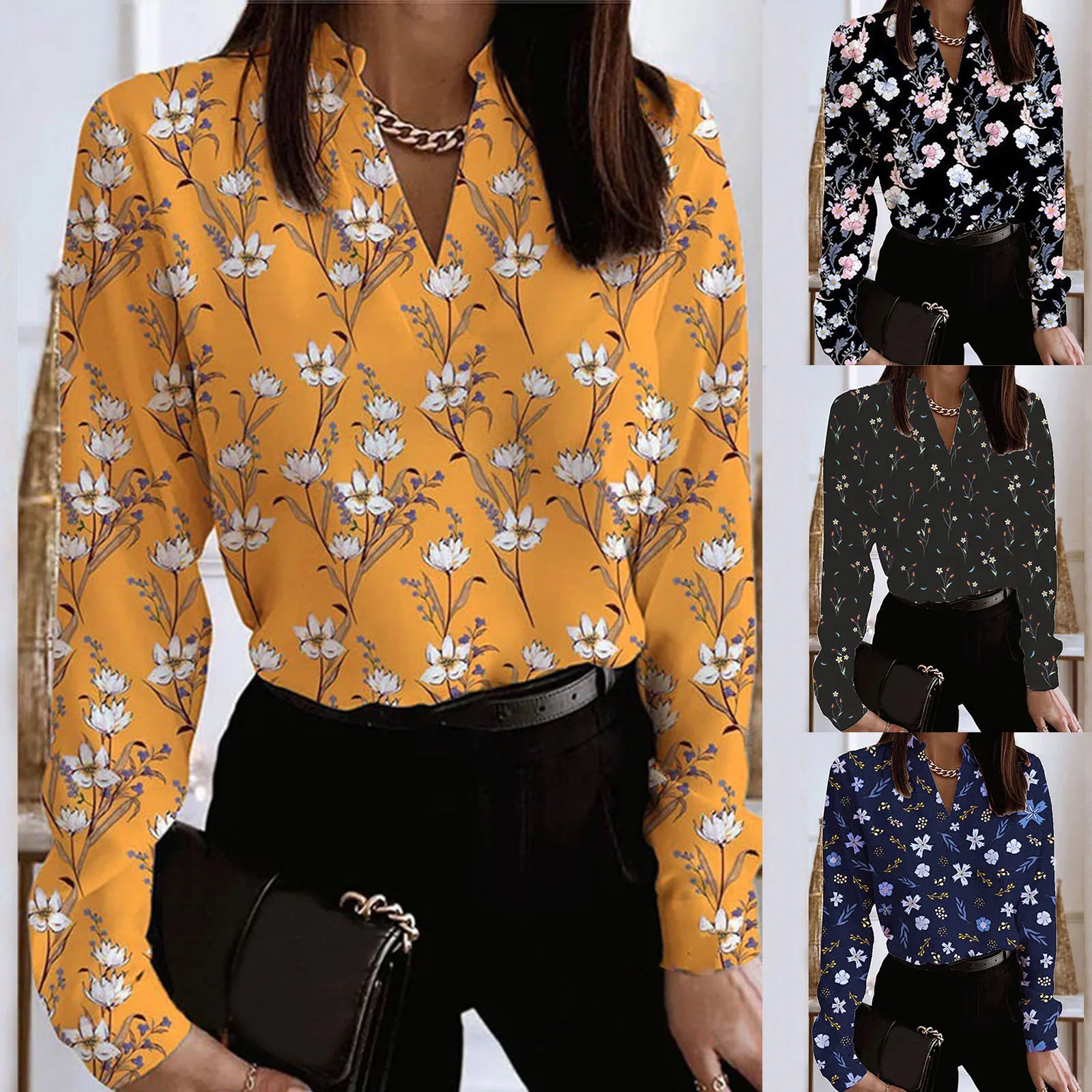 

Factory Direct Floral Woman Ladies Sexy Tops V Neck Blouse Loose social dress shirts
