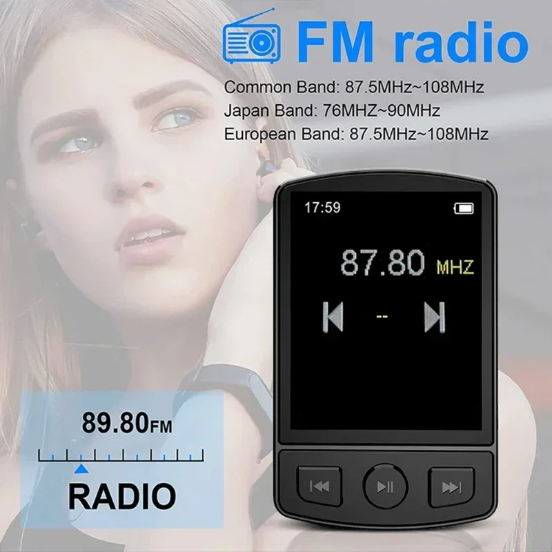 Фото MP3-плеер Bluetooth 5.2, портативный, 1,8 дюйма, с клипсой, Hi-Fi звук, для студентов, с экраном, FM-радио, электронной книгой, для спорта №2