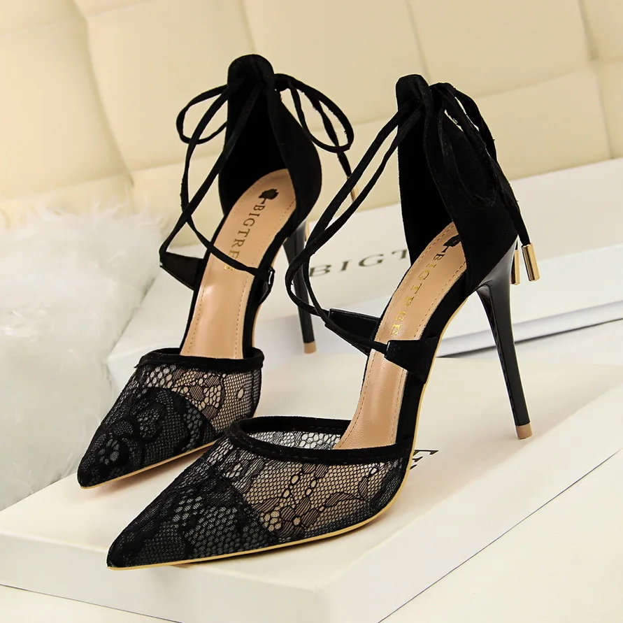 

Women's Shoes Women's Sandals Sexy High Heels Stiletto High Heels Shallow Mouth Pointed Toe Mesh Lace Cross Strap Hollow Sandals