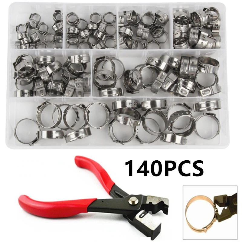 140pcs 7-21mm Single Ear Stepless Hose Clamps Hose Clip or Clamp Pliers Hose Clamps Set 304 Stainless Steel Hose Clamps Rings
