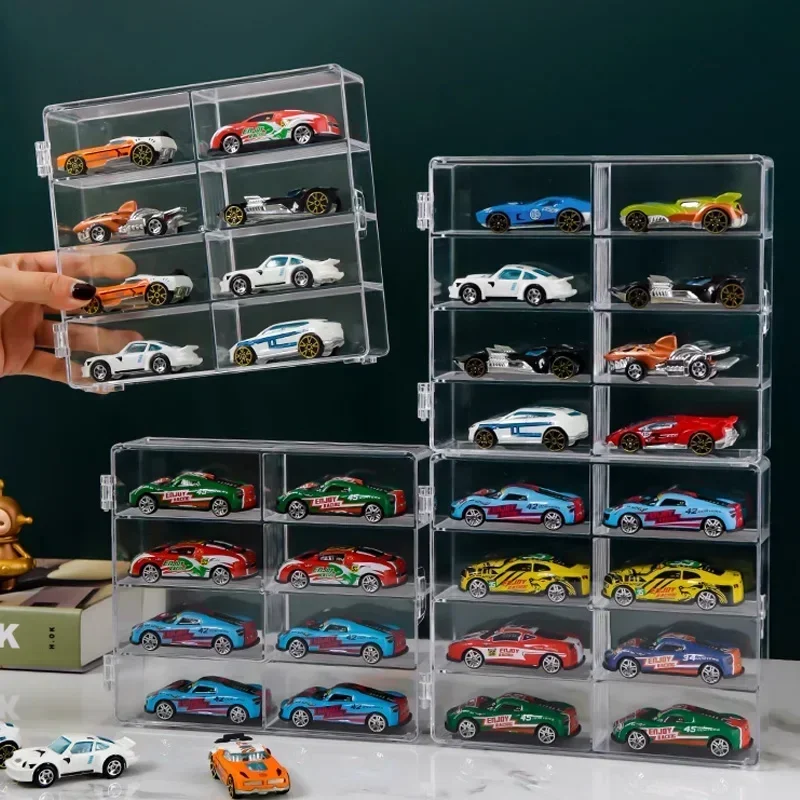 Фото Акриловая автомобильная витрина 1:64 для Hot Wheels, модель автомобиля, игрушка, 8 сеток, стойка для шкафа, пылезащитные штабелируемые автомобильные ящики для хранения, прозрачные №4