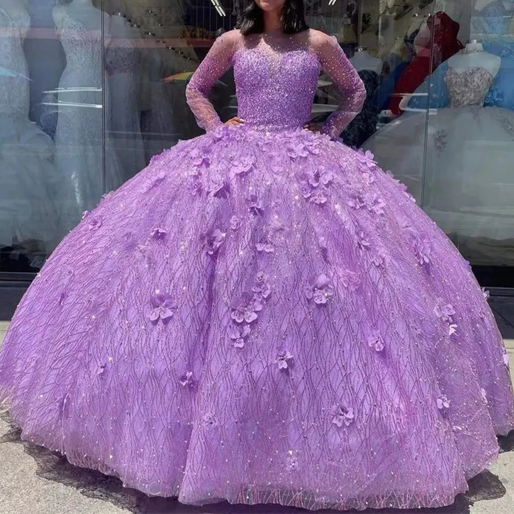 

2022 Elegant Princess Quinceanera Dresses Illusion Long Sleeve 3D Floral Beaded Lace-up Corset Top Prom vestidos de xv años