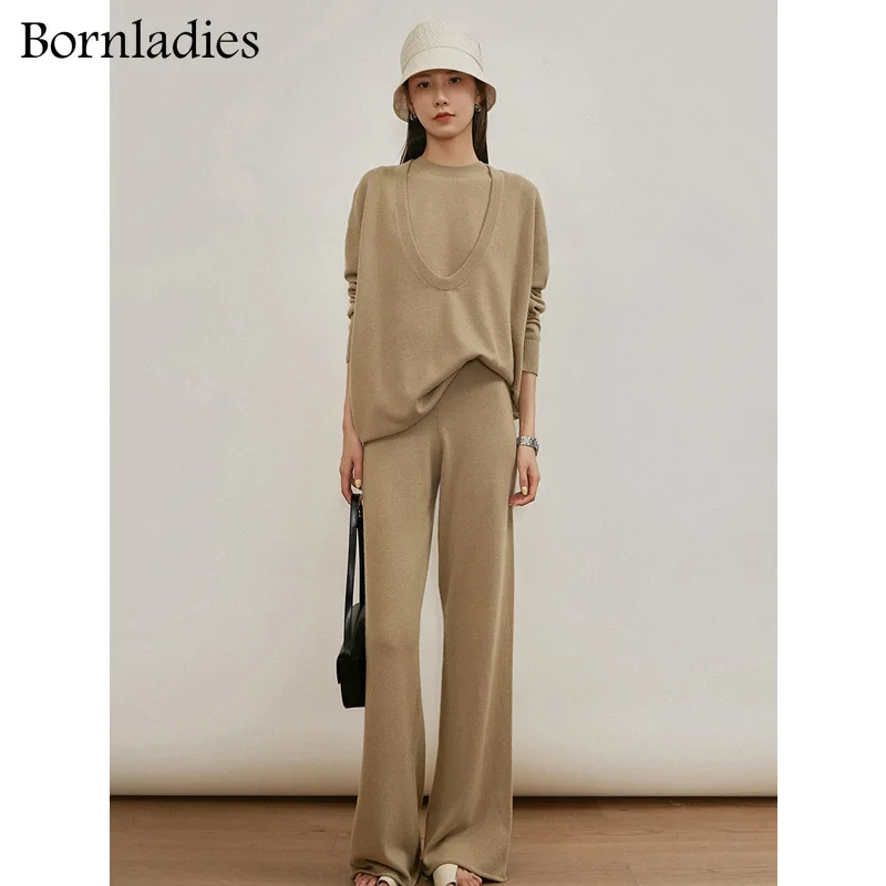 

Женский спортивный костюм Bornladies из 3 предметов, свободный свитер с V-образным вырезом, пуловер + жилет с круглым вырезом + длинные брюки, компл...