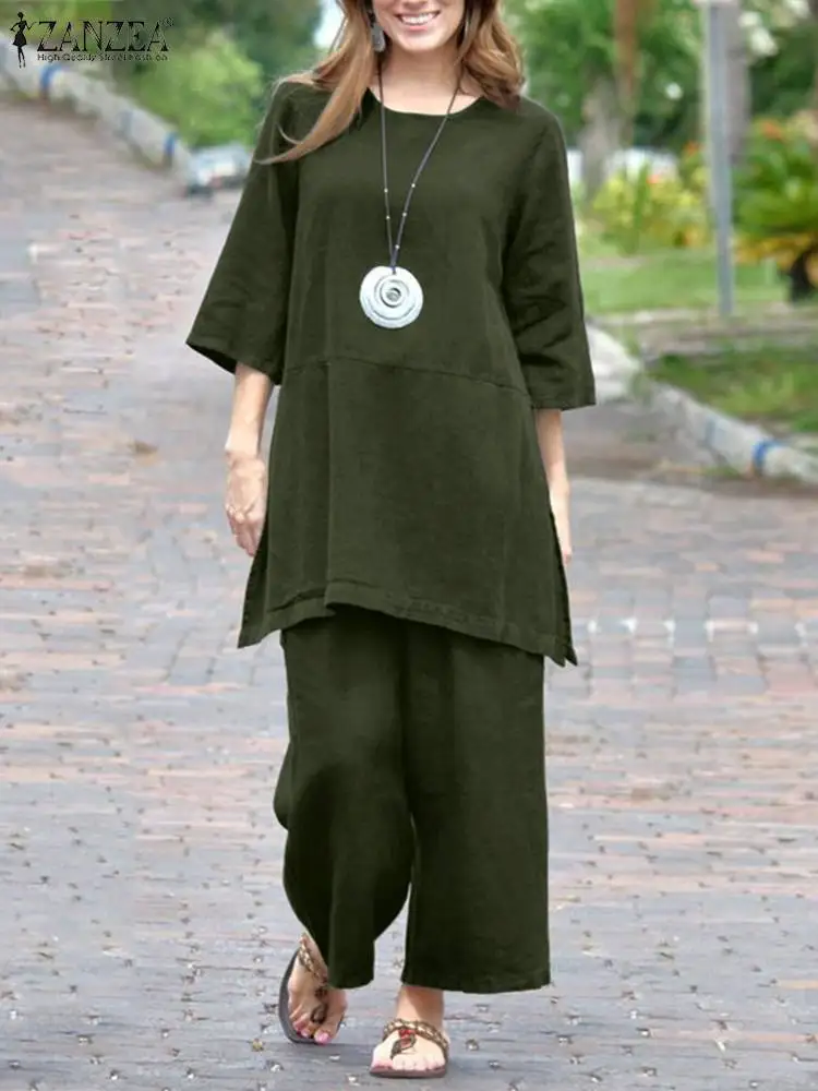 

Коллекция 2023 года, Осенний женский спортивный костюм ZANZEA с широкими штанинами, Длинный топ с рукавом 3/4, винтажные свободные брючные комплекты, Повседневная Городская одежда из 2 предметов в стиле оверсайз