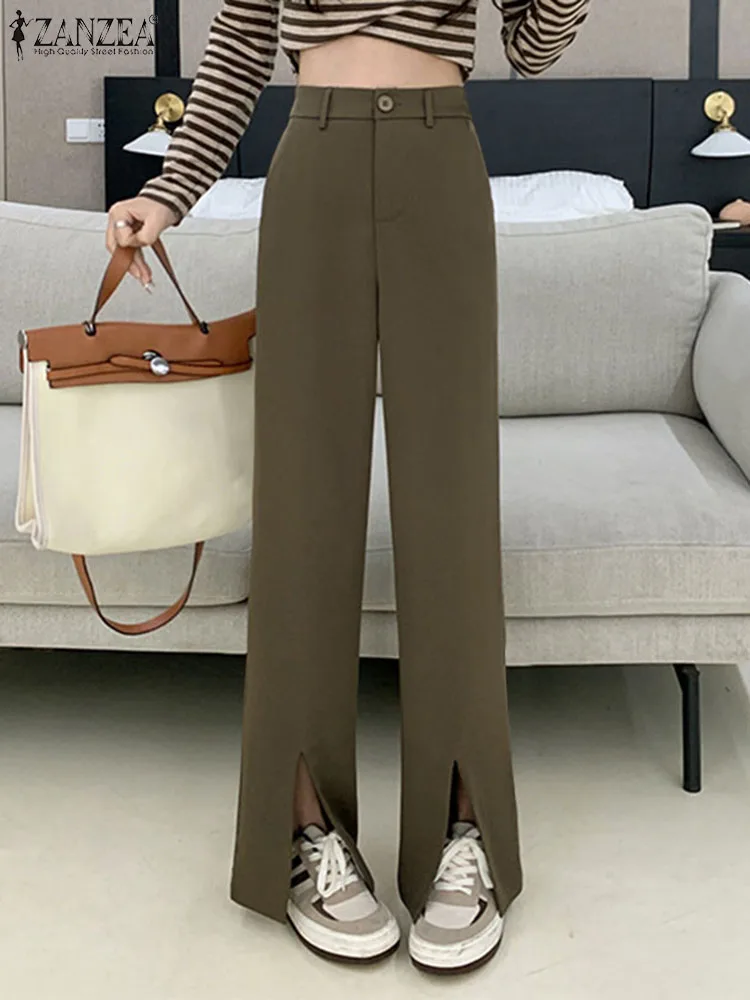 

Fashion Office Lady Suits Trousers Women Summer 2022 OL Loose Split Pants ZANZEA Casual Solid Palazzo Oversized Female Work Wear