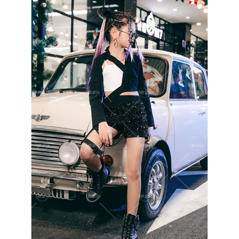 Новый танцевальный костюм для девушек черно-серебряные блестки модный джазовых