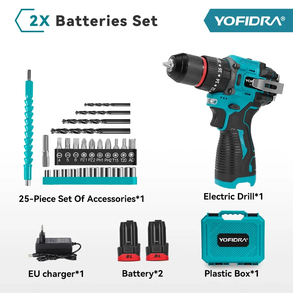 YOFIDRA Бесщеточная электрическая дрель 90 нм, ударная батарея 16,8 В, аккумуляторная отвертка 20 + 3 крутящего момента, регулируемый электроинструмент