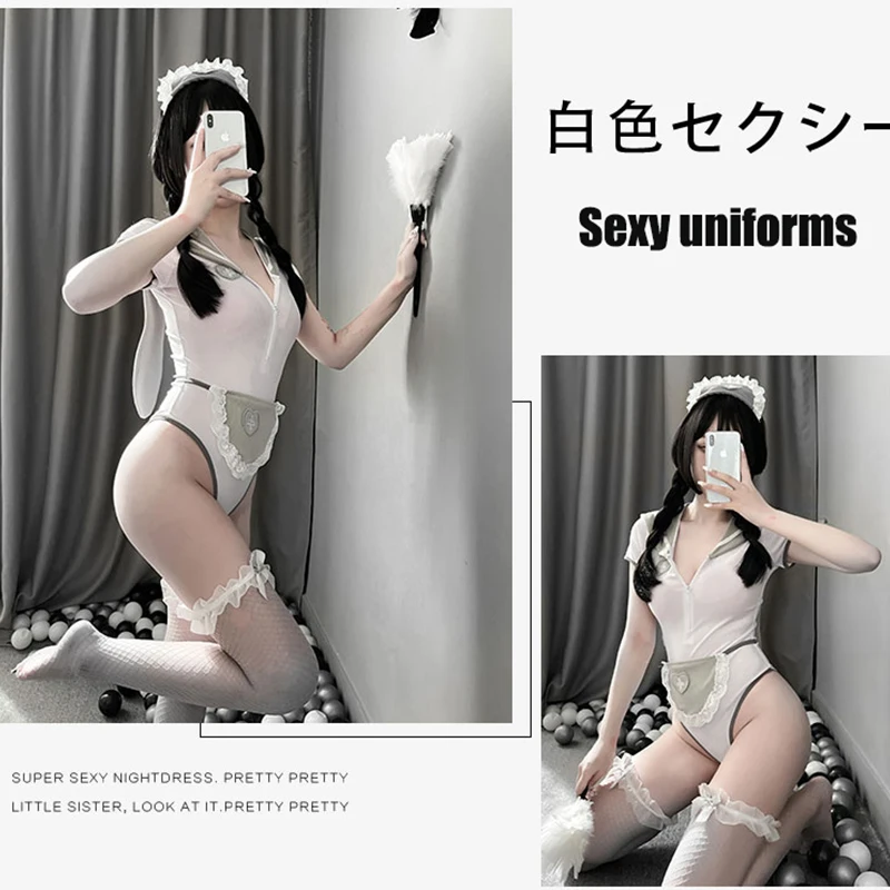 

Сексуальное нижнее белье с молнией на груди, глубоким V-образным вырезом и квадратным воротником, милый фартук для медсестры с кроличьими уш...