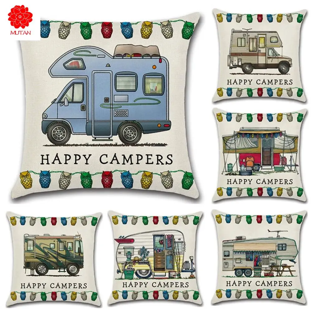 

YWZN Happy Campers, чехол для подушки, хлопчатобумажные льняные наволочки для диванных подушек, декоративные наволочки для подушек