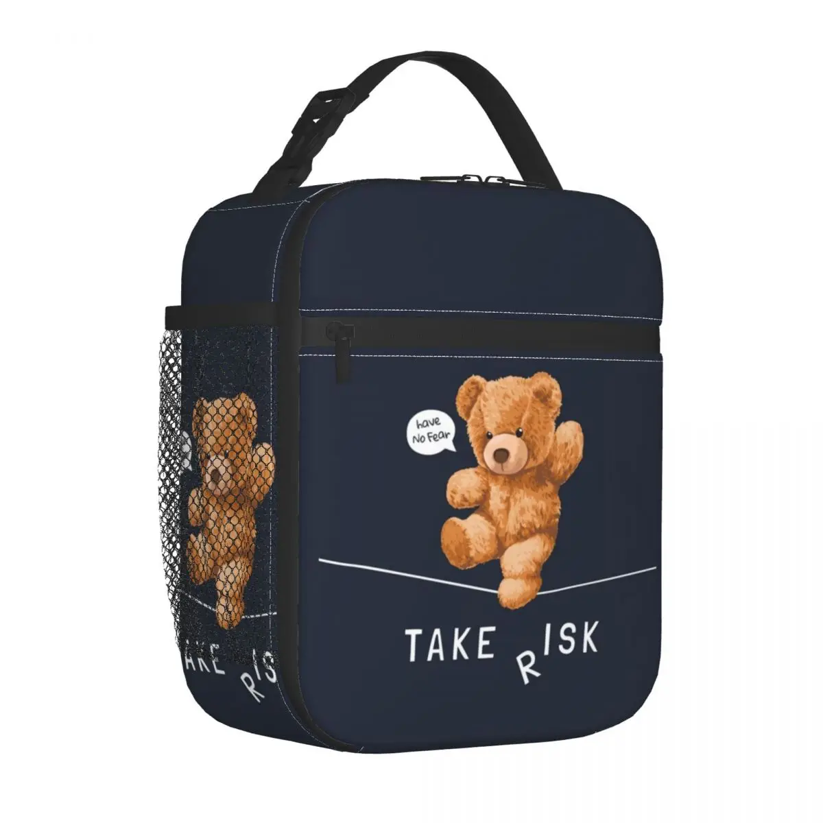 

Bear Toy Walking On String Lunch Bag Have No Fear Take Risk Office Mesh Pocket Cooler Bag Cooling Pearl Cotton Thermal Bag