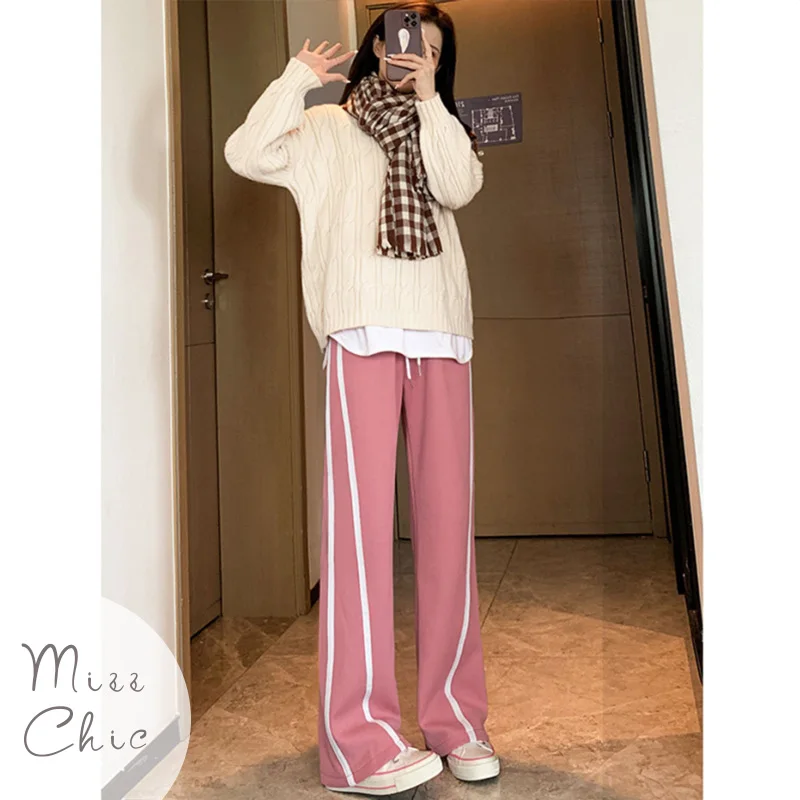 

Свободные прямые повседневные женские дизайнерские тонкие спортивные брюки с широкими штанинами и эластичным поясом, женские корейские брюки с высокой талией, лето 2023