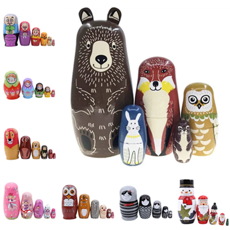 

Wooden Bear Owl Rabbit Pattern Matryoshka Dolls Kids Toys Cute Animal Design Russian Nesting Dolls Baby Story Accessory Toy Gift