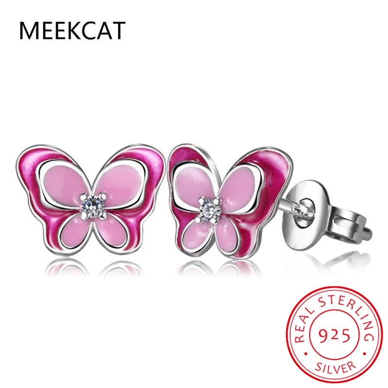 

Real 925 Sterling Silver Kids Earring Insect Butterfly Pink Glaze CZ Stud Earrings For Daughter Girls Jewelry Gift DB1271