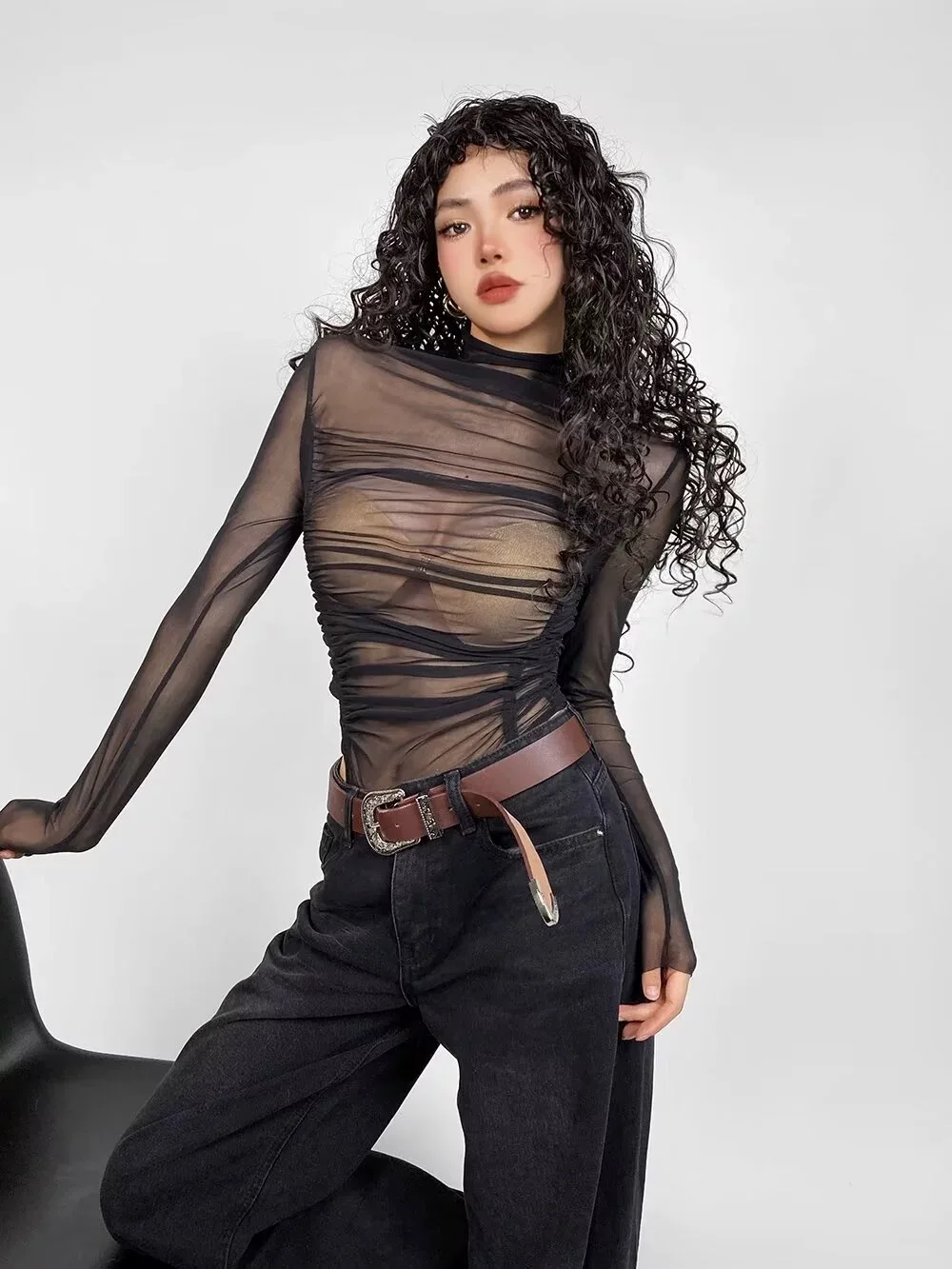 Модный женский боди Y2k тонкие прозрачные комбинезоны с рюшами женские