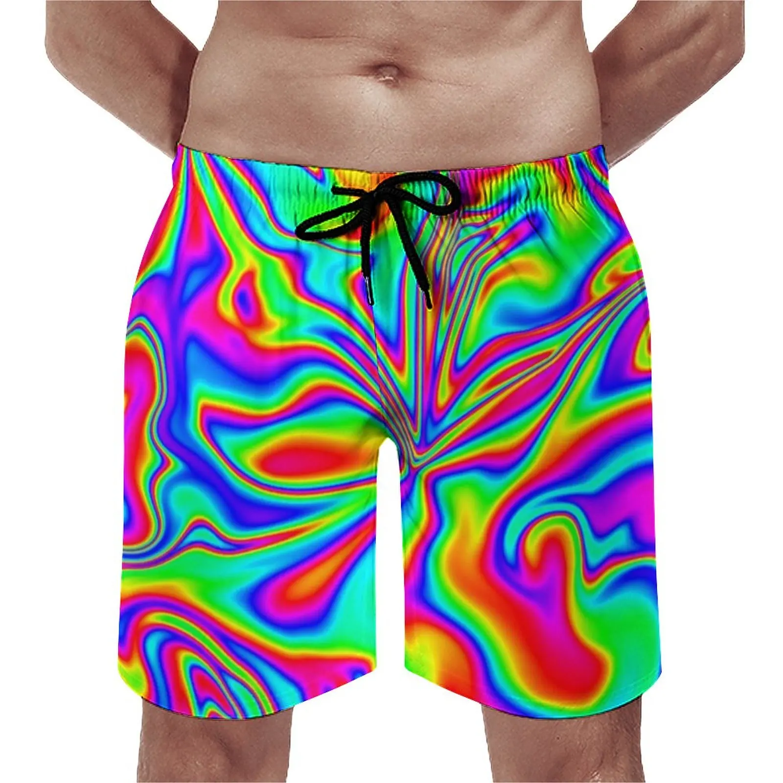 

Psychedelic Rainbow Board Shorts Summer Marbleized Abstract Liquid Sports Surf Beach Shorts Retro Custom Plus Size Beach Trunks