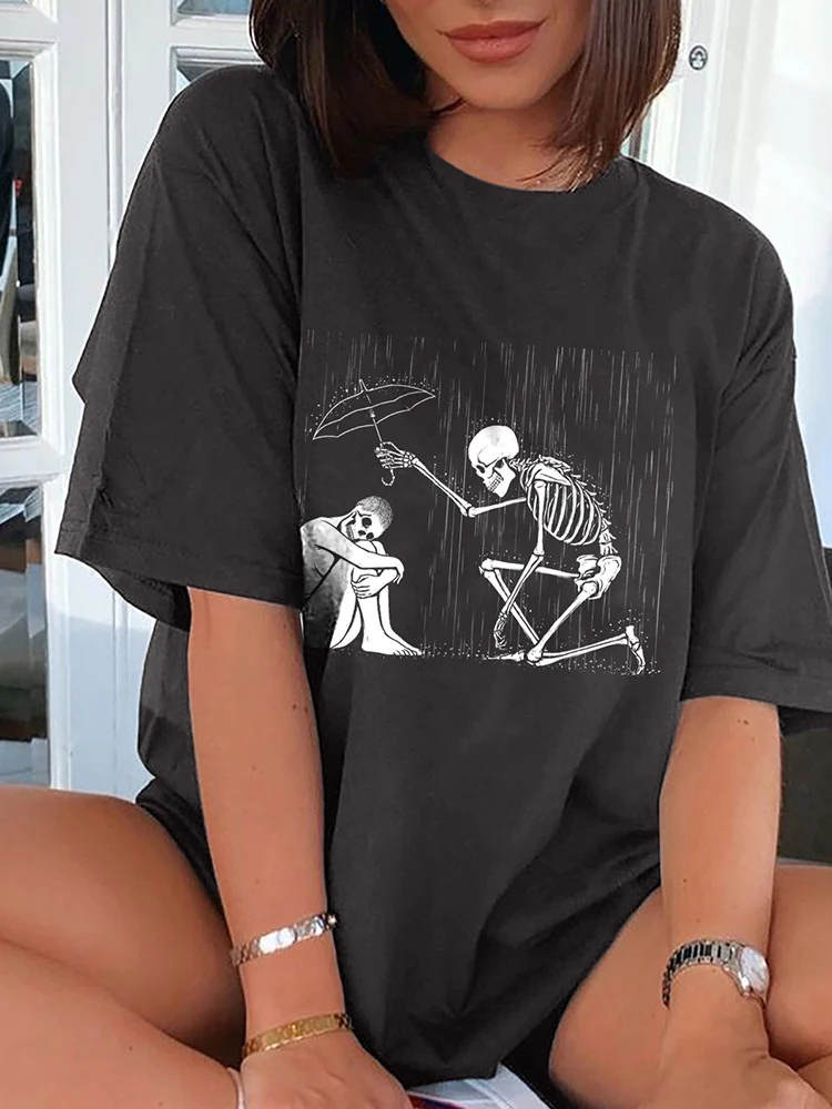 

Funny Skulls Print Vintage Old Women T-shirts Short Sleeve Drop Shoulder Dark Grey Tee Shirt Summer Loose 90s Femme Tops 2022