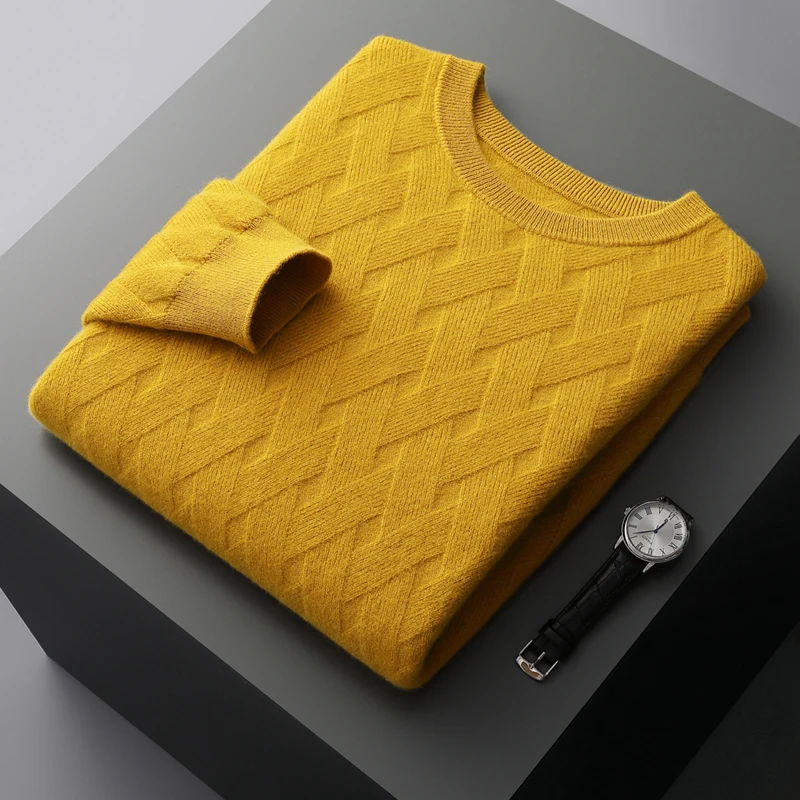 Пуловер из 100% чистой шерсти утепленный осенне-зимний мужской свитер с круглым