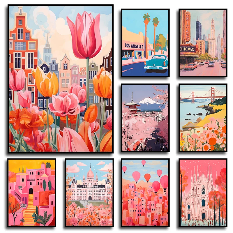 Современный красочный город Тайланд храм Чикаго постеры для путешествий и