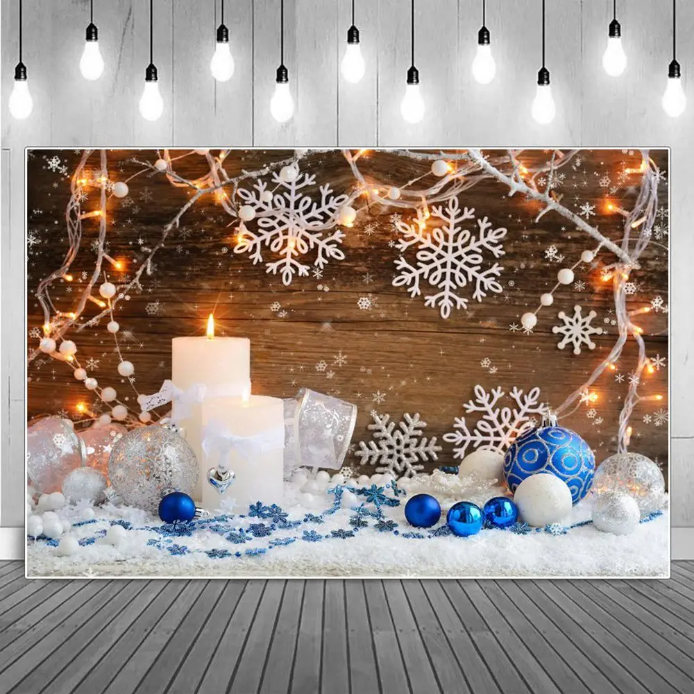 

Silver Snowflake Candle Lights Decorated Christmas Photography Backdrop Viny Tree Blue Balls Beans Wooden Board Photo Background