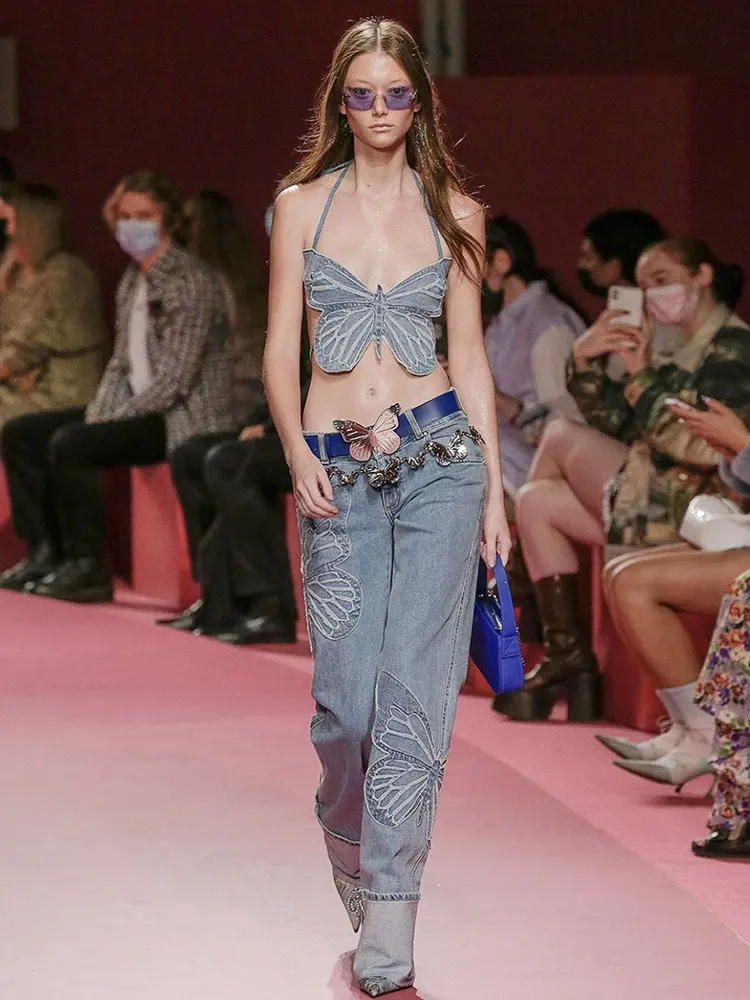 

Blue Denim Trousers Suit Butterfly Abdominal Sleeveless Backless Wide Leg Mopping Pants Ladies Fashion Casual 2 Piece Set