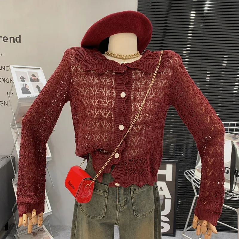 

Gentle Sweet Lace Doll Neck knit shirt Women's Autumn Temperament Hollow out Long Sleeve Versatile Cardigan sweater Top