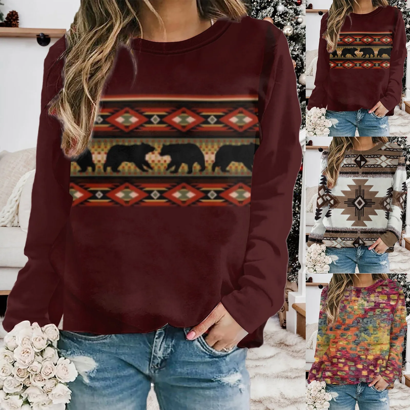 

Fleece Lined Athletic Shirt Women Pullover Casual Ethnic H Print Long Sleeved O Neck Fashion Warm Autumn Ladies Athletic Shirts