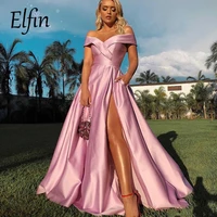 elfin off the shoulder pink evening gown satin formal prom dresses long open back celebrity dresses with pockets plus size 2022